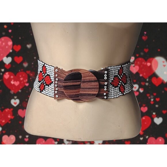 Wide Belt Stretch Red Star Flowers Beaded Boho Tribal Stretchy Wooden Buckle main image 8